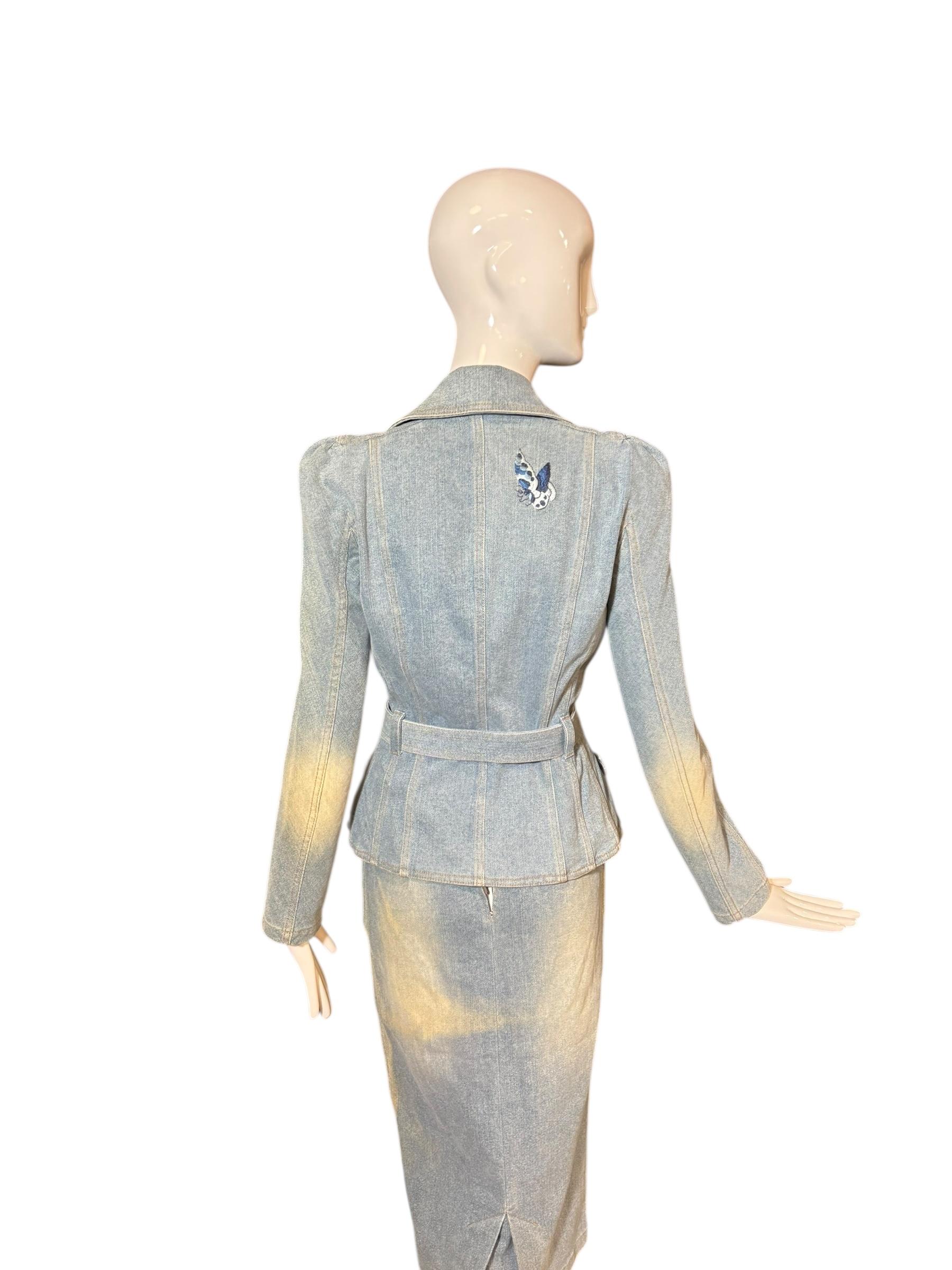 Christian Galliano for Christian Dior Primavera 2005 Abito con gonna ricamata in denim In condizioni ottime in vendita a Kingston, NY