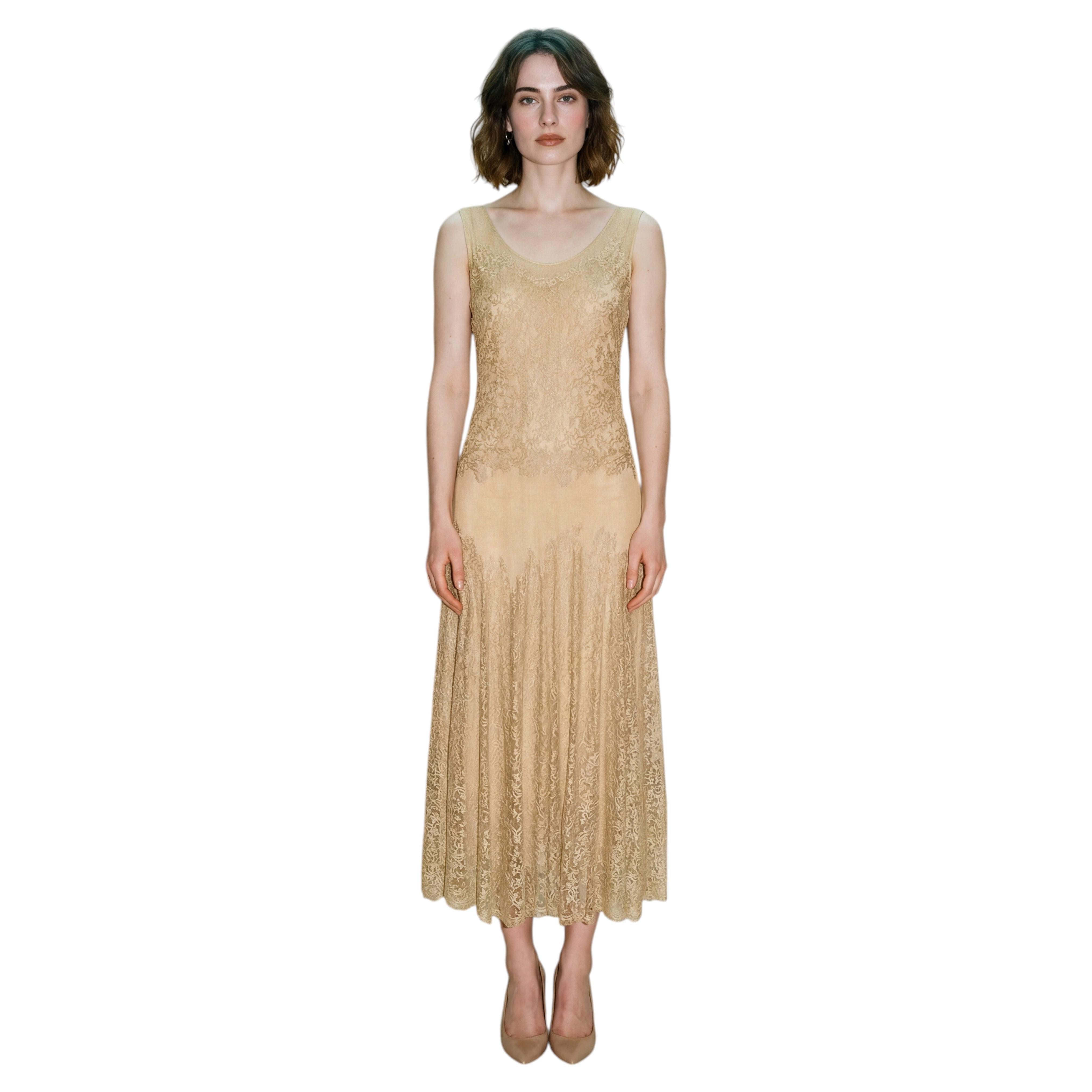 1930s Vintage Peach Silk Crepe Lace Evening Gown, Excellent Condition