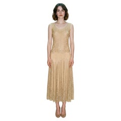 1930s Vintage Peach Silk Crepe Lace Evening Gown, Excellent Condition