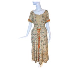 Victorian-Era Handmade Cotton Floral Print Dress with Lace Boned Bodice - Sz 2