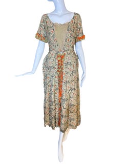 Victorian-Era Handmade Cotton Floral Print Dress with Lace Boned Bodice - Sz 2