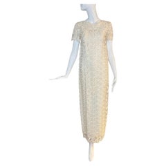 Vintage 1960's Ivory Floral Guipure Lace Column Gown w/ Silk Watteau Train