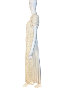 Vintage 1960's Ivory Floral Guipure Lace Column Gown w/ Silk Watteau Train