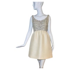 1960s Ivory Beige Beaded Bodice Structured Cocktail Evening Dress