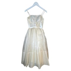 1950's Ivory Beige Organza and Layered Tulle Wedding Dress with Sculptural Bow