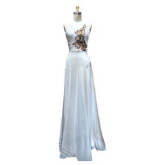 1930s Ivory Bias-Cut Silk Satin Wedding Gown with Sequined Floral Appliqué