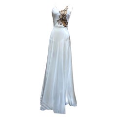1930s Ivory Bias-Cut Silk Satin Wedding Gown with Sequined Floral Appliqué