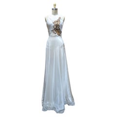 1930s Ivory Bias-Cut Silk Satin Wedding Gown with Sequined Floral Appliqué
