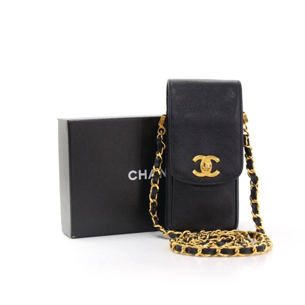 Chanel black caviar leather case/pouch to carry phone, cigarettes or small digital cameras. Inside is in leather lining. Very smart and stylish. 
Made in: Italy
Serial Number: Unable to read due to scratches on it
Size: 3.1 x 6.7 x 1.6 inches or