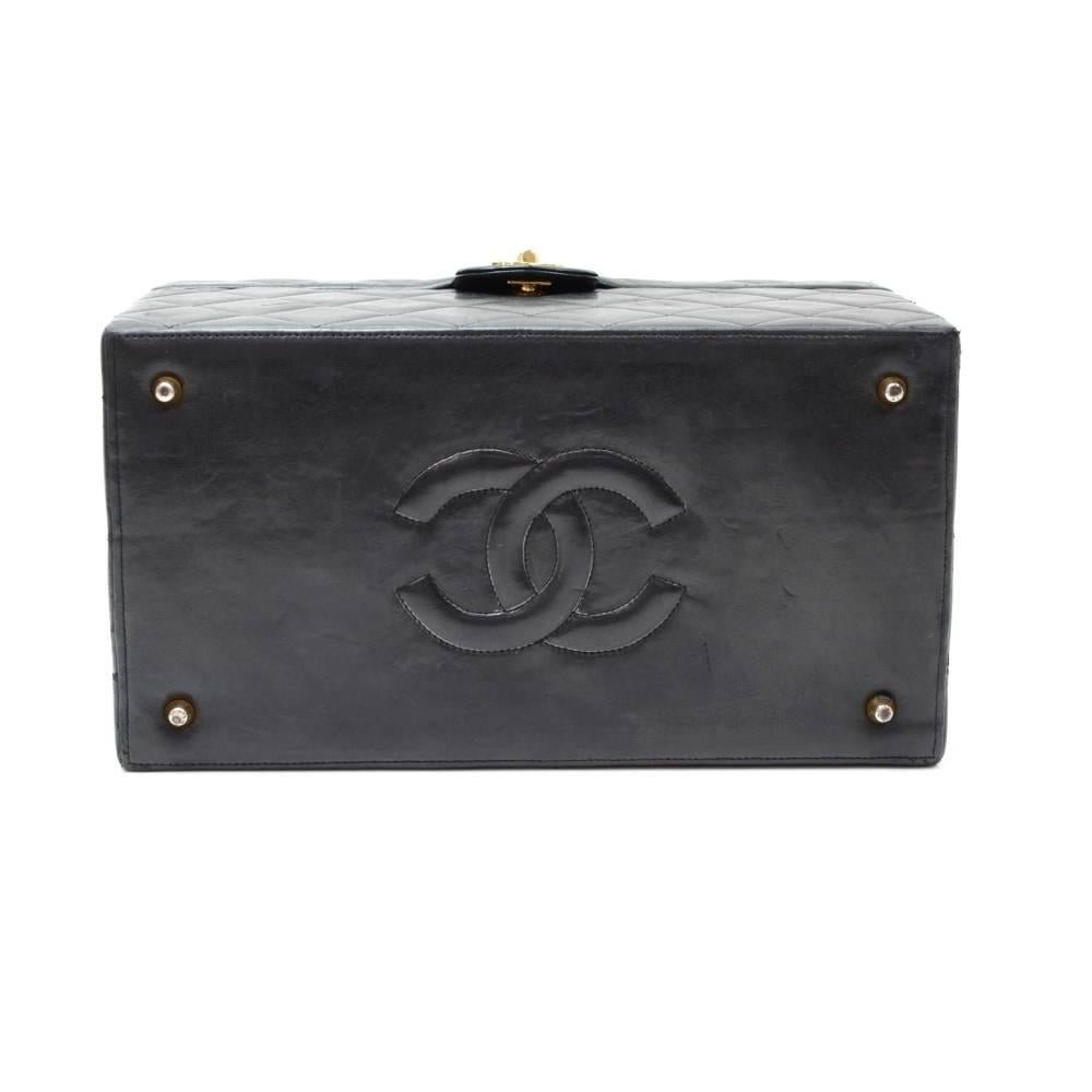 Vintage Chanel Vanity Black Quilted Leather Large Cosmetic Hand Bag 1