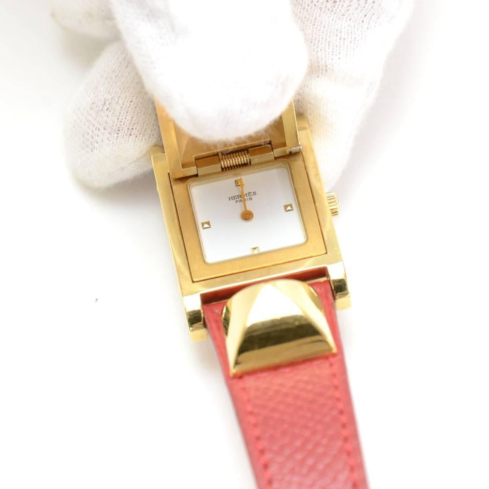 Pink Hermes Medor PM Red Leather x Gold Tone Wrist Watch For Sale