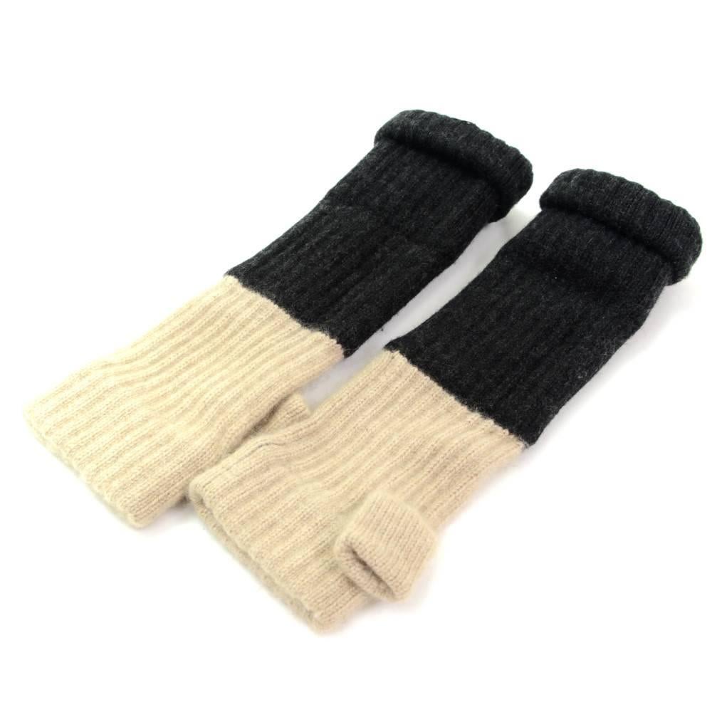 Women's Chanel Black x Beige Wool Arm Wamer Fingerless Gloves
