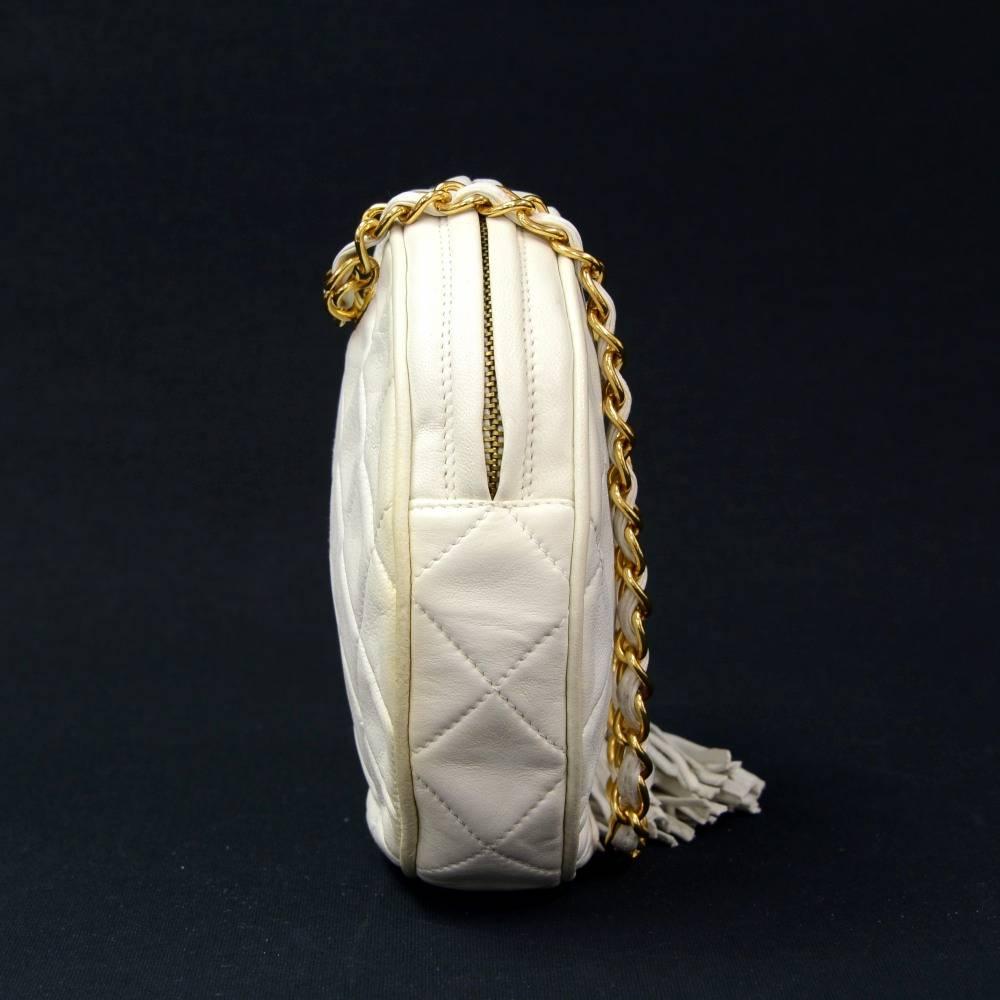 Women's Vintage Chanel White Quilted Leather Fringe Round Pouch Bag