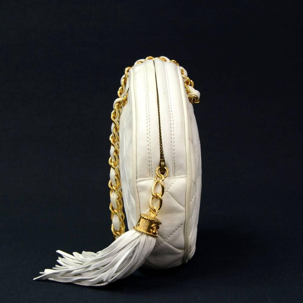 Vintage Chanel White Quilted Leather Fringe Round Pouch Bag 1