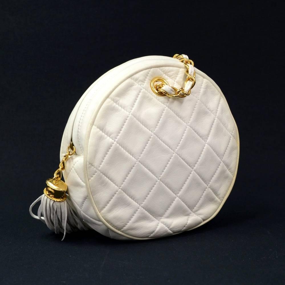 Beige Vintage Chanel White Quilted Leather Fringe Round Pouch Bag