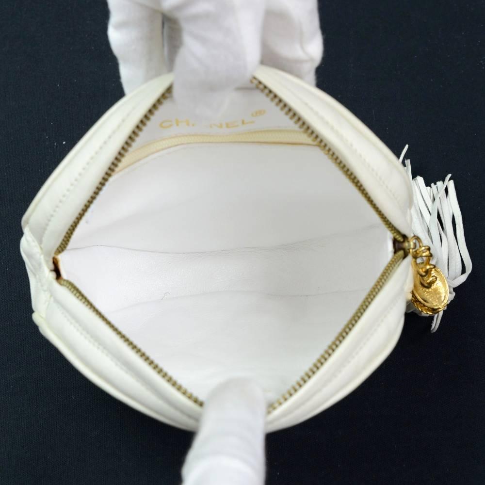 Vintage Chanel White Quilted Leather Fringe Round Pouch Bag 4