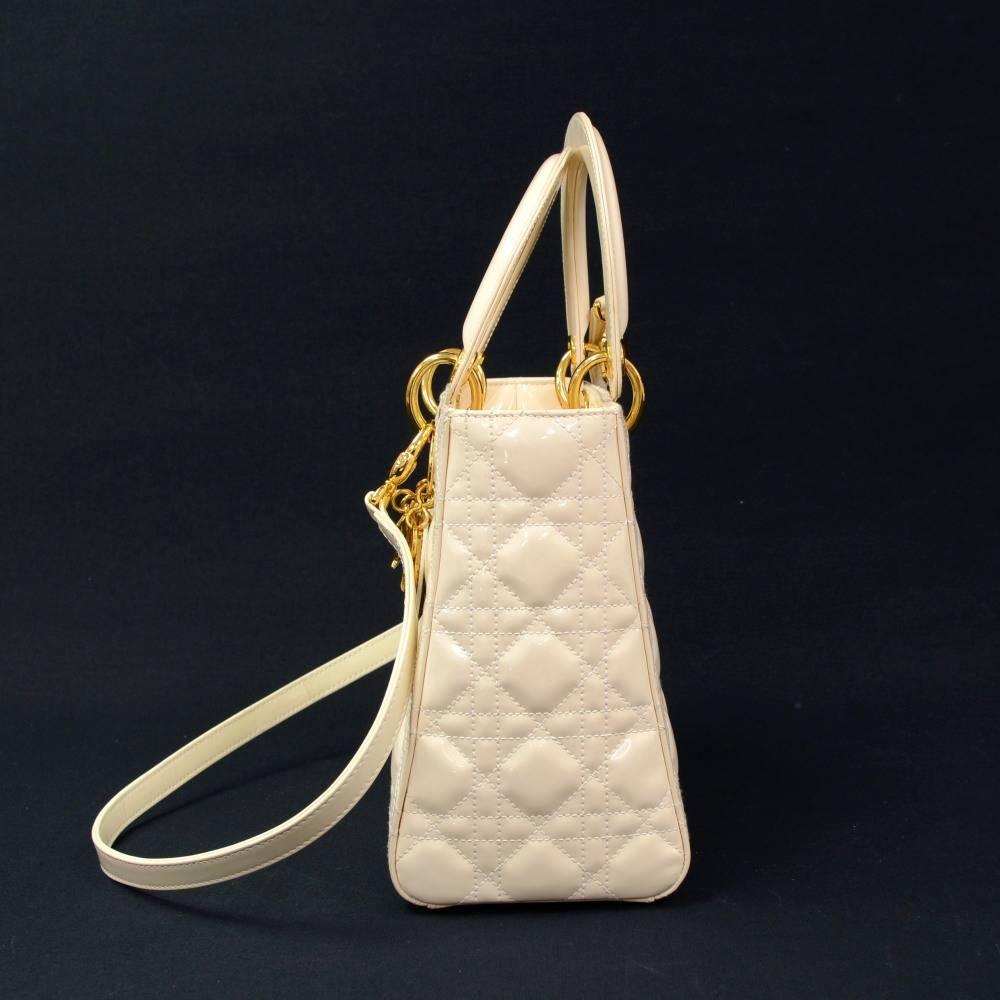 Women's Christian Dior Lady Dior 10inch Off White Quilted Cannage Patent Leather HandBag