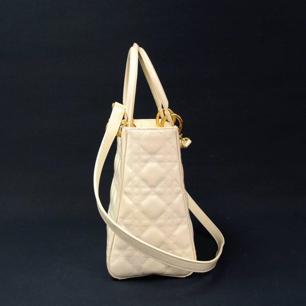 Christian Dior Lady Dior 10inch Off White Quilted Cannage Patent Leather HandBag In Excellent Condition In Fukuoka, Kyushu