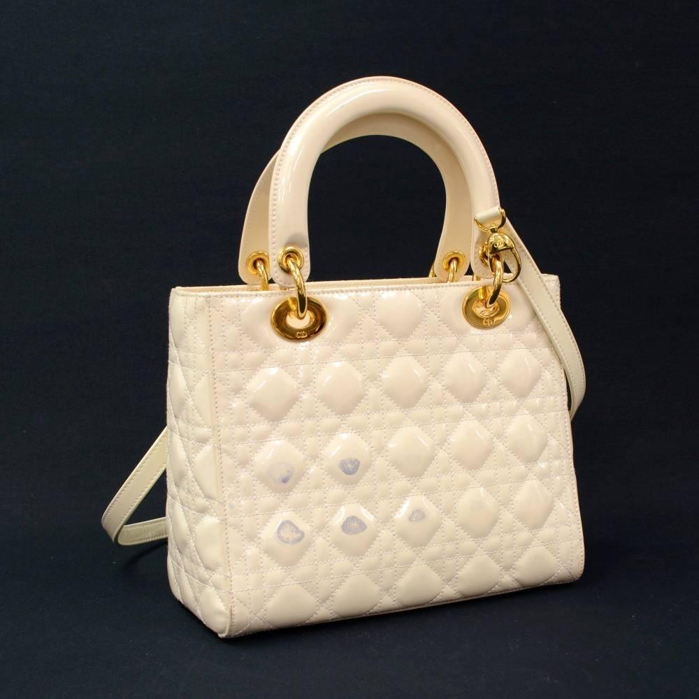 Beige Christian Dior Lady Dior 10inch Off White Quilted Cannage Patent Leather HandBag