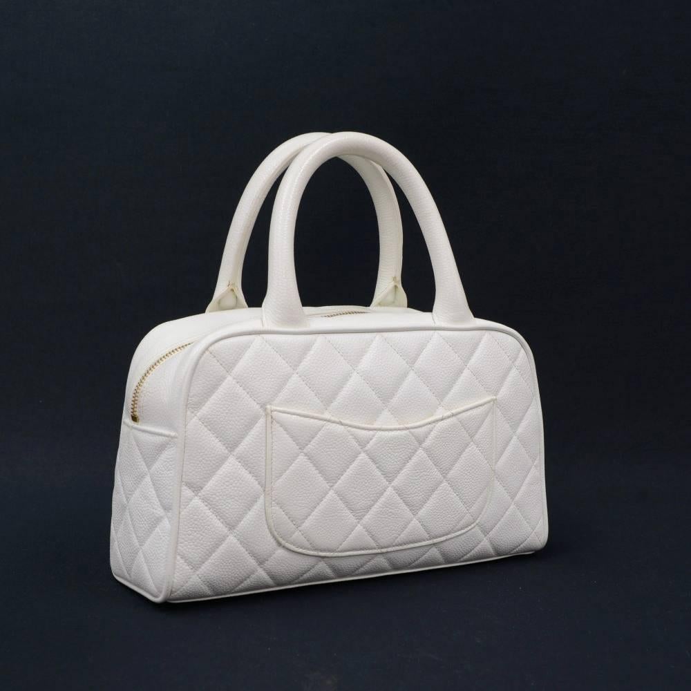 Gray Chanel Mini Boston White Quilted Caviar Leather Hand Bag