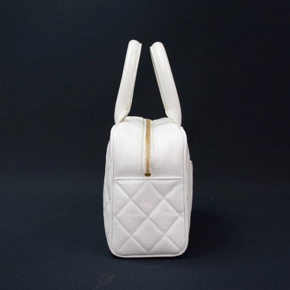 Chanel Mini Boston White Quilted Caviar Leather Hand Bag In Good Condition In Fukuoka, Kyushu