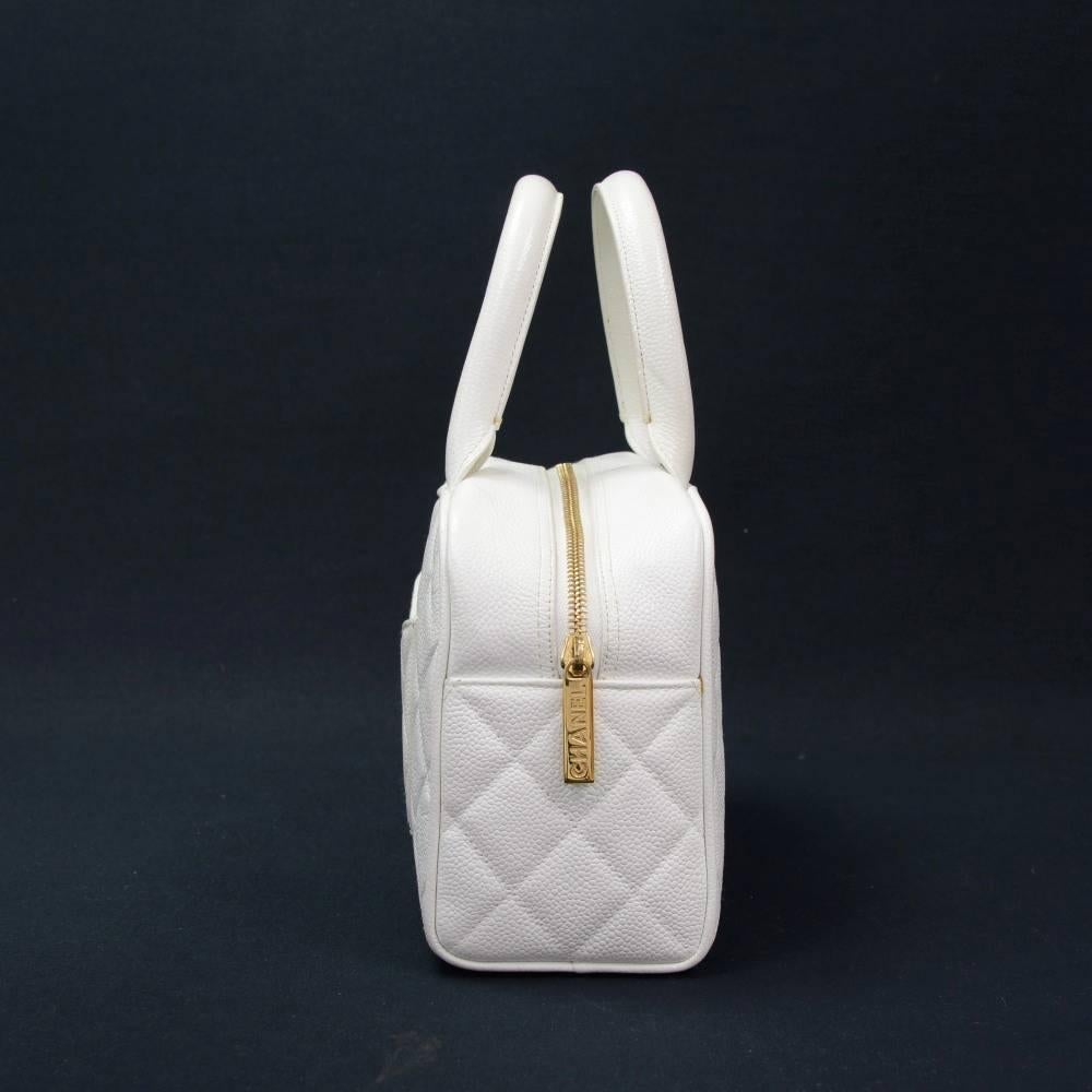 Women's Chanel Mini Boston White Quilted Caviar Leather Hand Bag