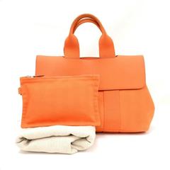 Hermes Valparaiso PM Orange Leather Canvas Tote Hand Bag