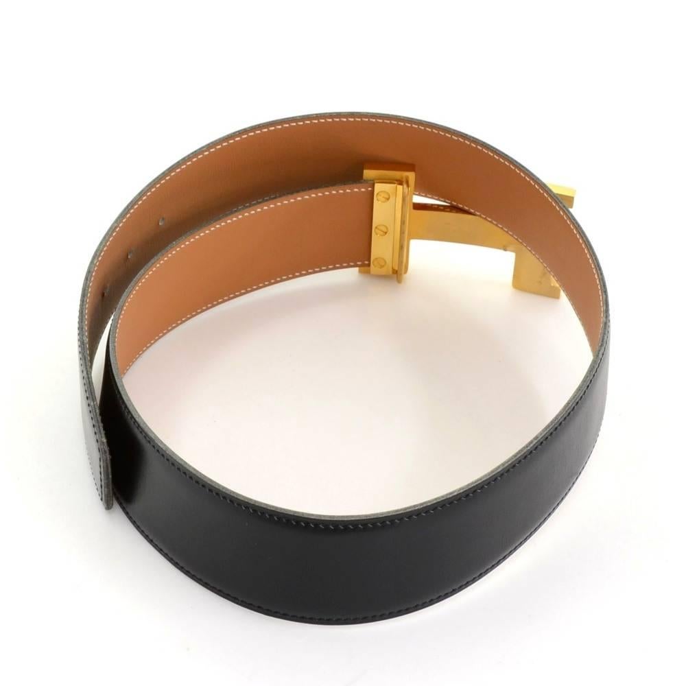 Women's Hermes Black x Beige Leather x Gold Tone Constance 42mm Belt Size 75