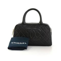 Vintage Chanel Mini Boston Black Quilted Caviar Leather Hand Bag