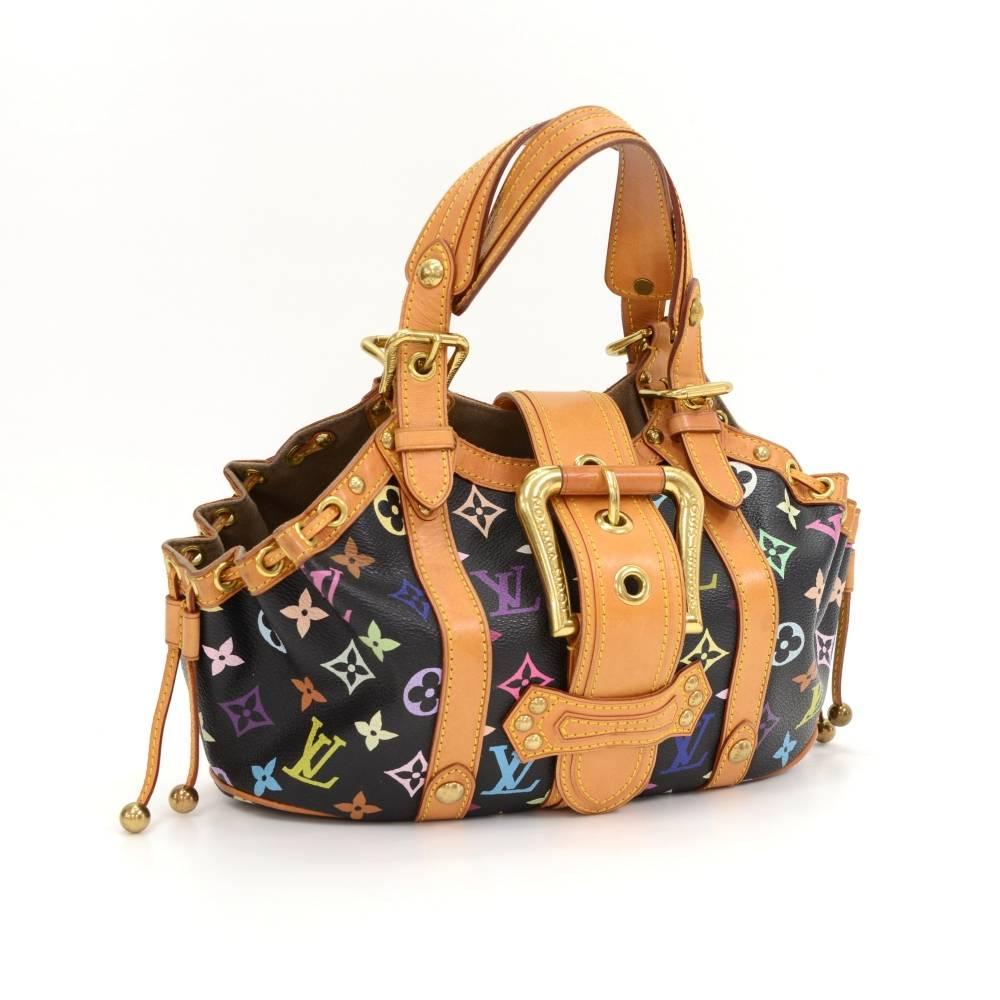 Louis Vuitton Theda PM bag black multicolor monogram canvas. Top is secured with leather belt and buckle closure. Inside has dark brown alkantra lining with 1 open pocket. Perfect for night out.

Made in: France
Serial Number: FL0064
Size: 11 x