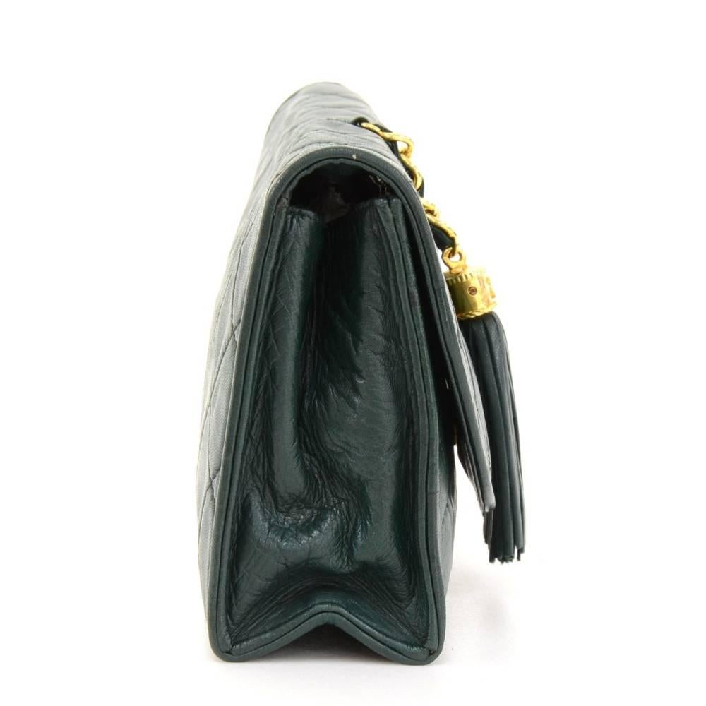 Chanel Dark Green Quilted Leather Fringe Mini Clutch Bag In Good Condition In Fukuoka, Kyushu