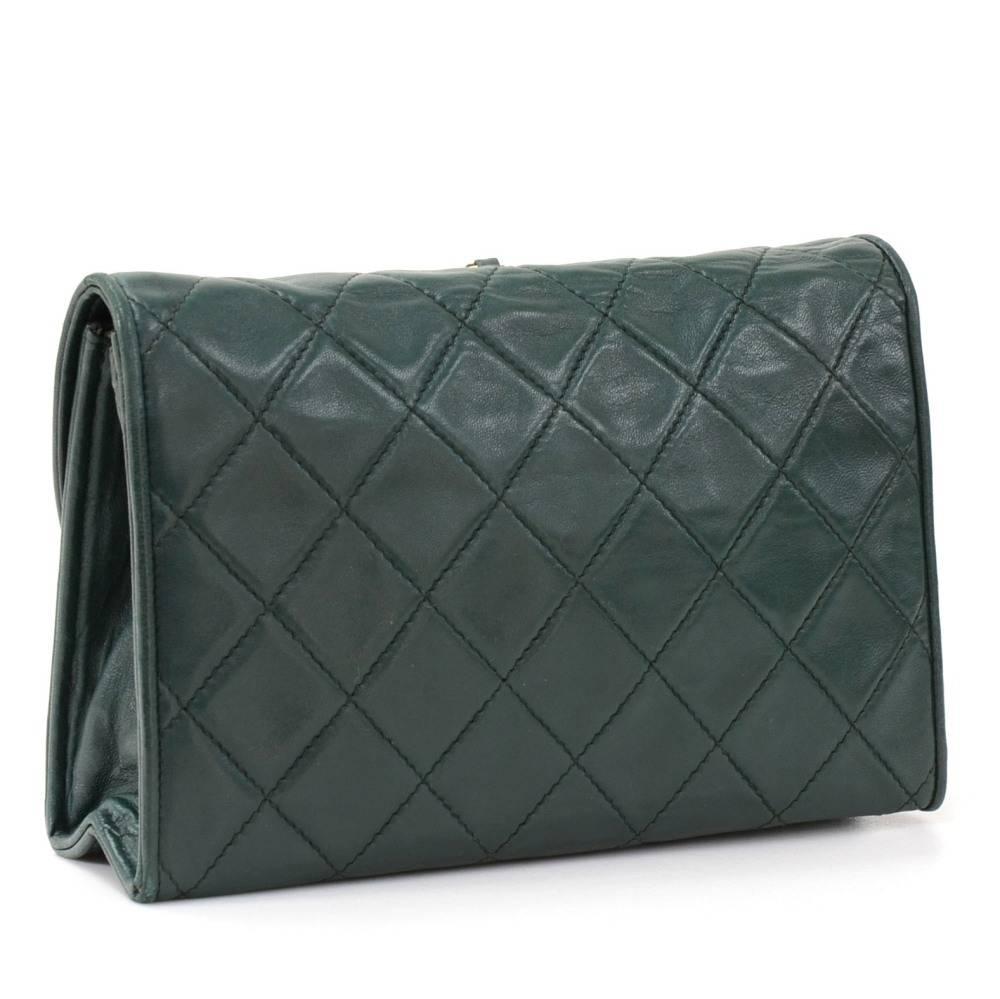 Black Chanel Dark Green Quilted Leather Fringe Mini Clutch Bag