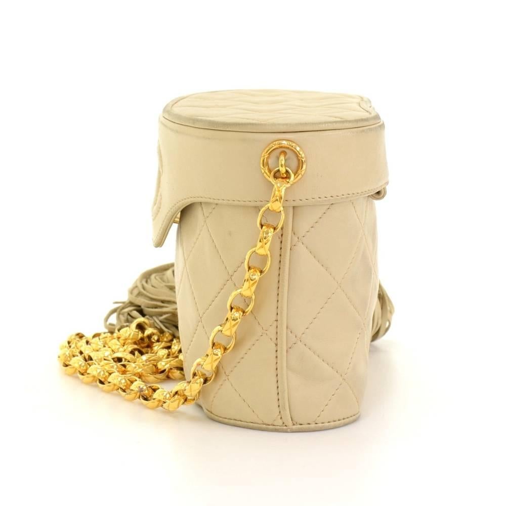 Vintage Chanel Beige Quilted Leather Fringe Shoulder Pochette Flap Bag 1