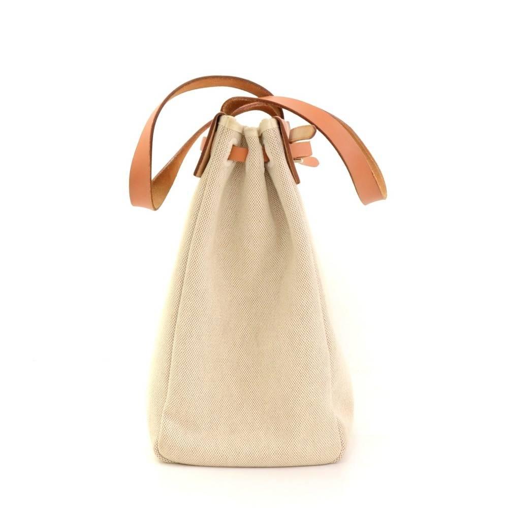 Women's Hermes Herbag Cabas Beige Canvas Brown Leather Tote Bag
