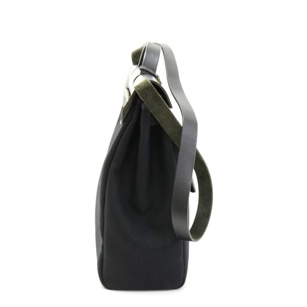 Women's Hermes Herbag MM 2 in 1 Black Canvas Leather Shoulder Hand Bag