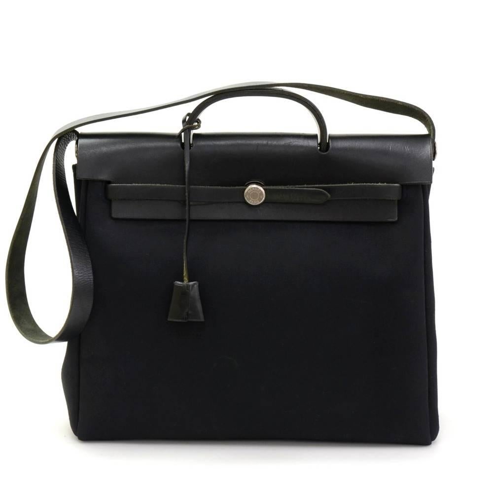 Hermes HerBag MM size 2 in 1. Two canvas bags with leather. Leather pieces can be attached to both bags so you can enjoy different looks. Shoulder strap is removable. Very stylish bag. Small Canvas bag: App 15 x 12.6 x 5.5 inches or 38 x 32 x 14 cm
