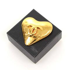 Vintage Chanel Gold Tone CC Logo Heart Shaped Large Pin Brooch