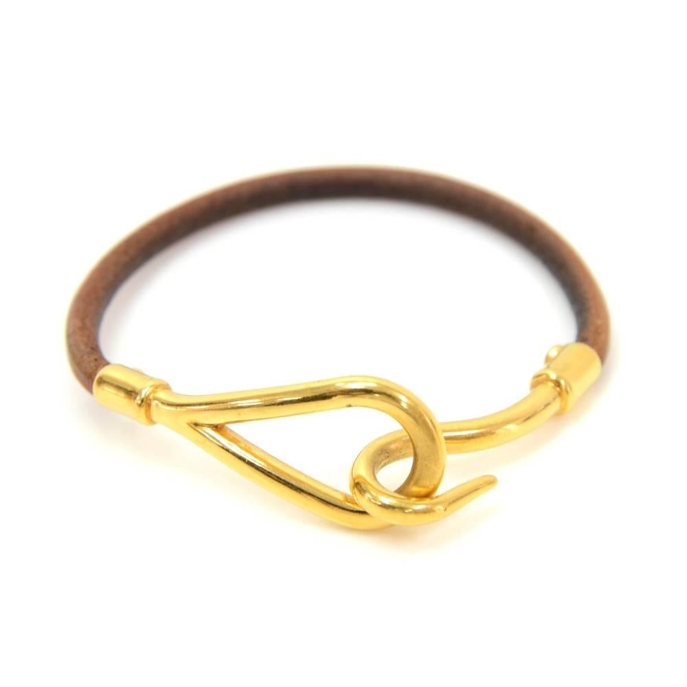 Women's Hermes Brown Leather x Gold Tone Hook Jumbo Bracelet