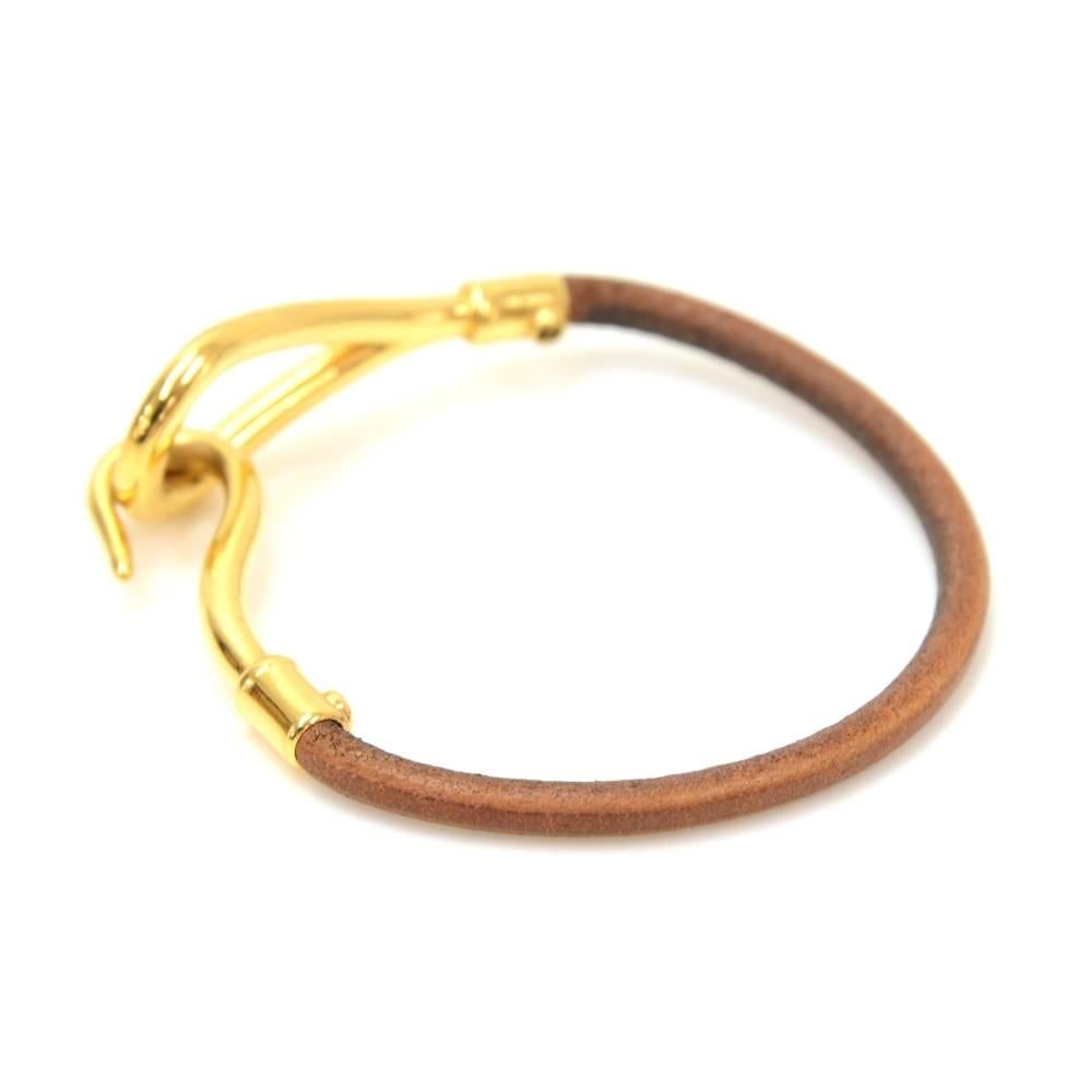 Hermes Brown Leather x Gold Tone Hook Jumbo Bracelet 2