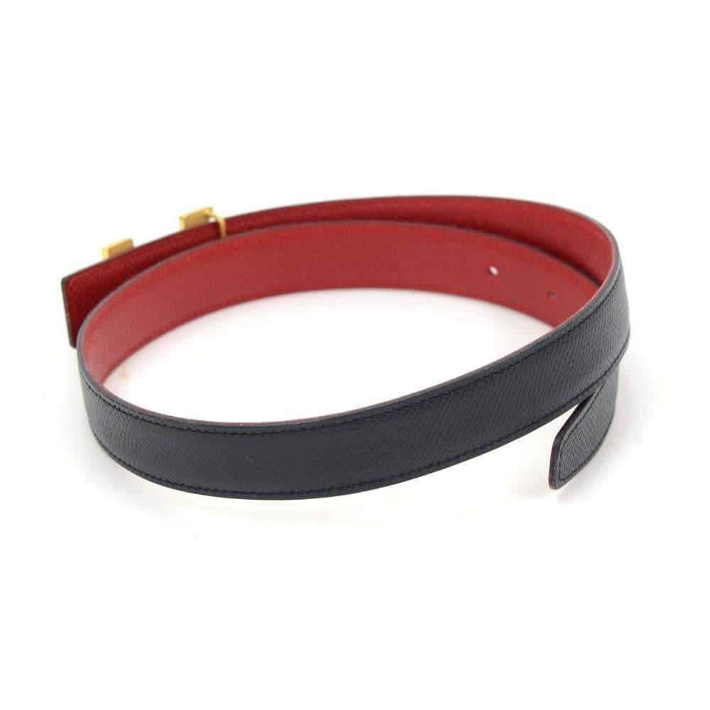 Hermes belt in navy  x red leather with H buckle. Hermes, Paris, Made in France 65 engravement on the leather. Item is very stylish!Size: 65 Adjustable between app 24.8 - 26.8 inch or 63 - 68 cm. 

Made in: France
Serial Number: A (1997