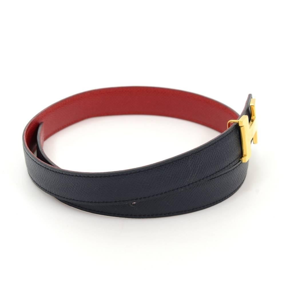 Hermes Navy  x Red Leather x Gold Tone H Buckle Thin Belt Size 65 In Good Condition In Fukuoka, Kyushu