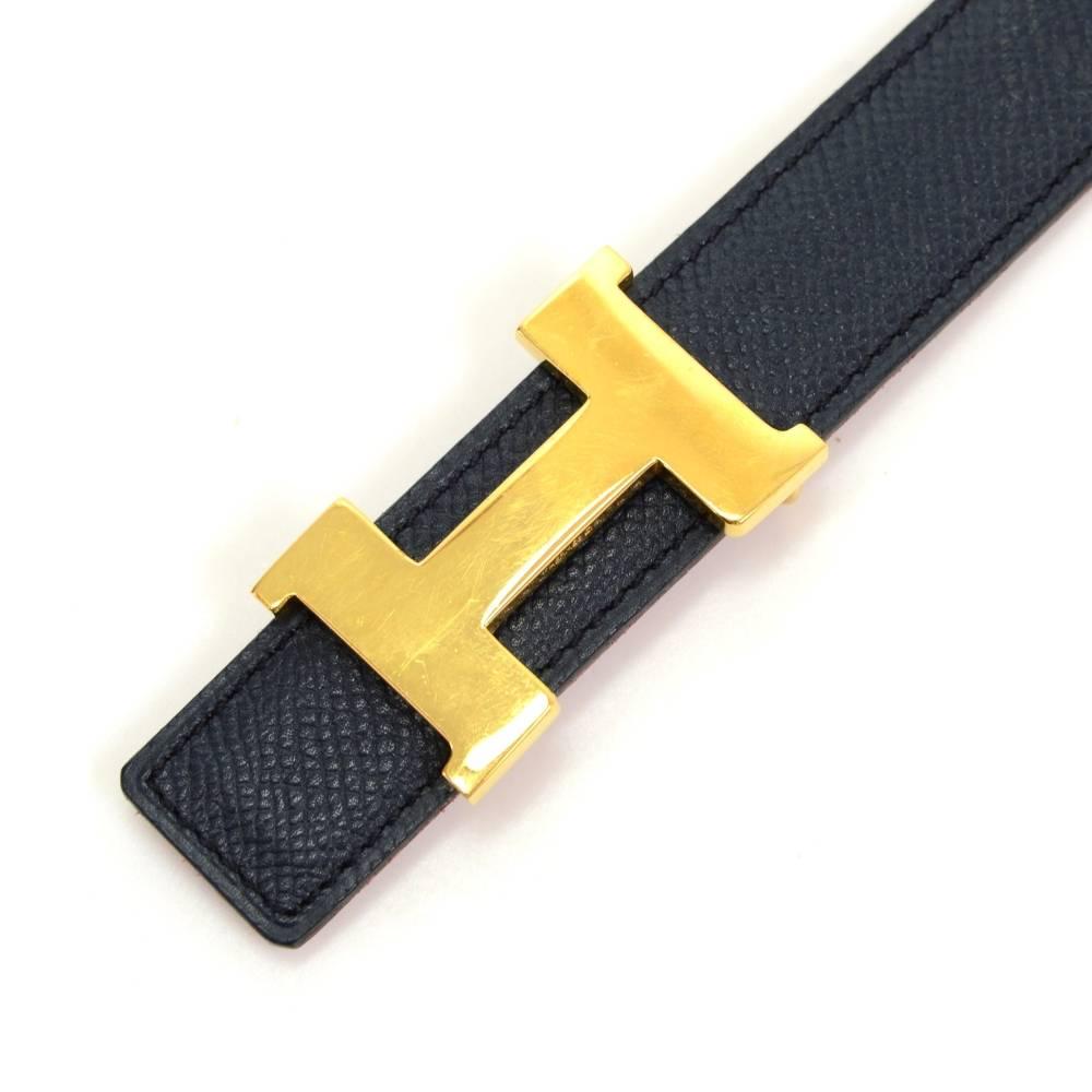 Hermes Navy  x Red Leather x Gold Tone H Buckle Thin Belt Size 65 1