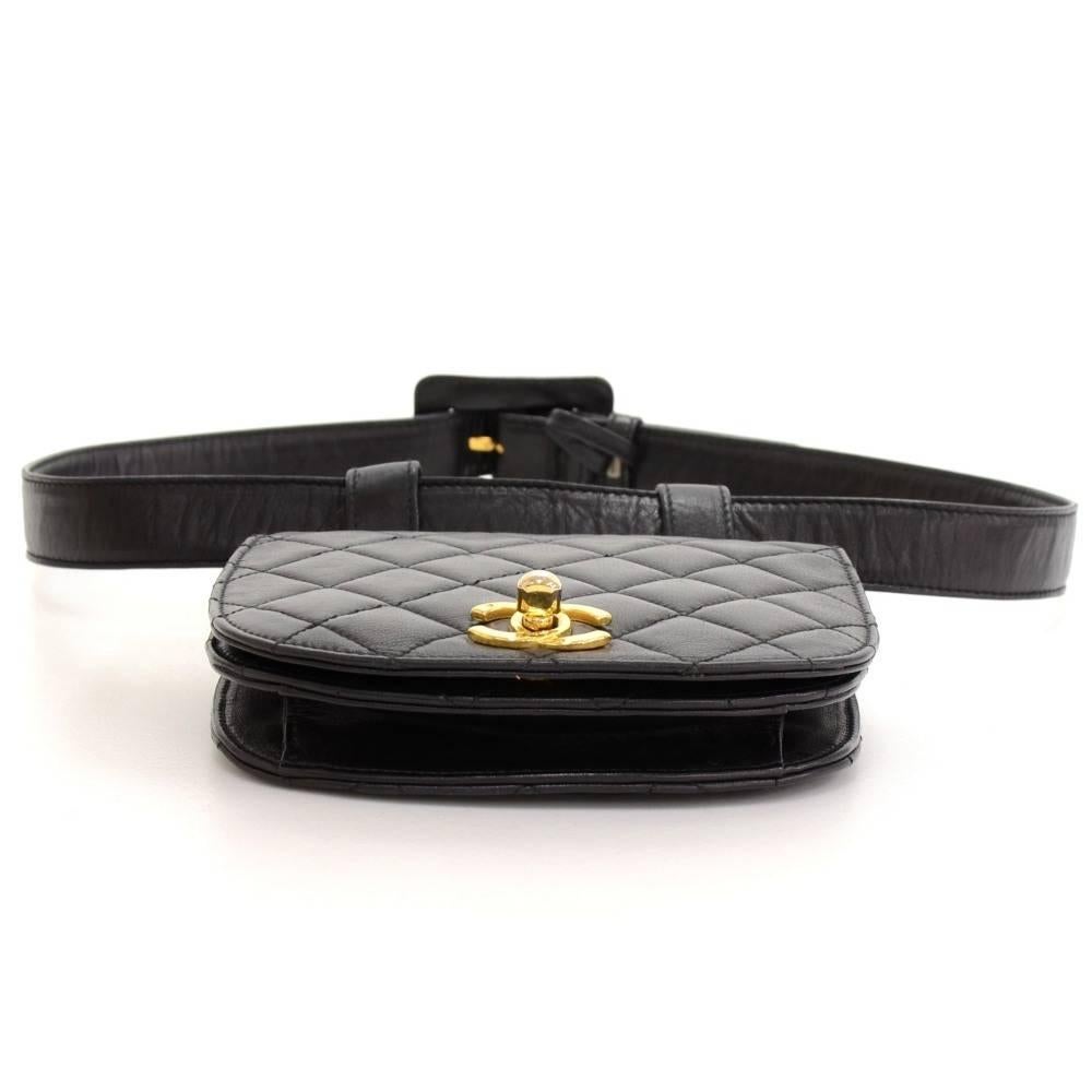 Vintage Chanel Black Quilted Leather Waist Pouch Bag + Belt Size 75/30 2