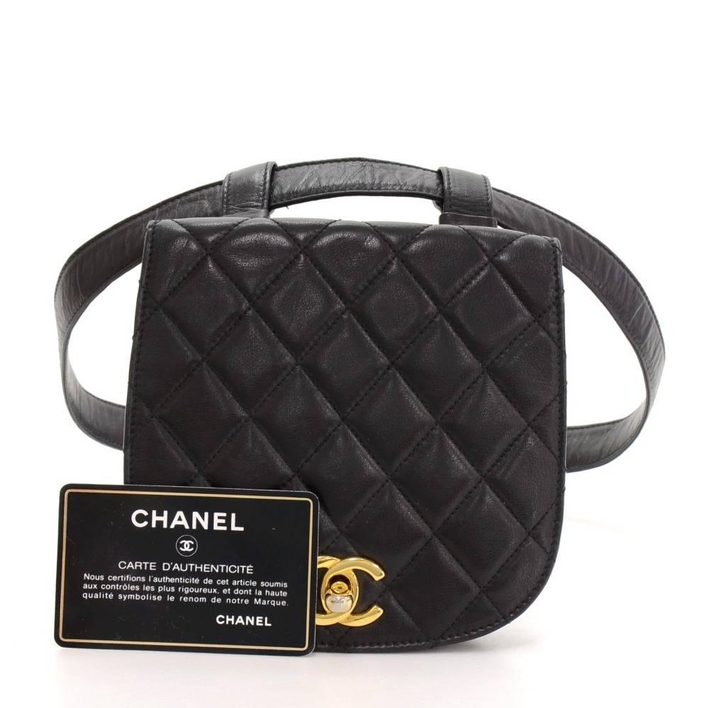 Chanel lambskin leather mini bag/pouch on leather belt. Attached bag is secured with CC twist lock. Inside has leather lining and 1 zipper pocket. Wonderful belt with cute quilted bag/pochette. Belt size: 75/30 stamped. Adjustable app from 28 - 29.9