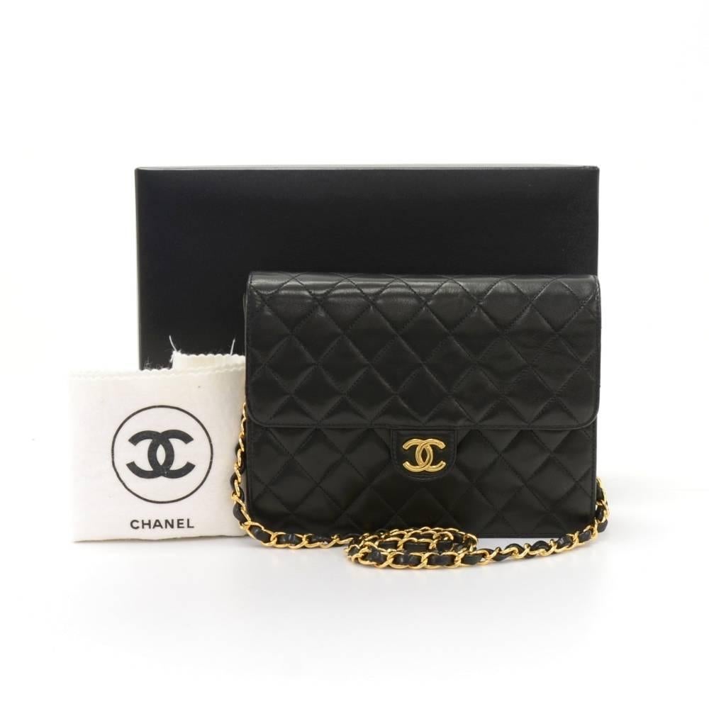 Chanel Black leather quilted shoulder bag ex. It has a flap with famous CC stud closure on the front. Inside has Chanel red leather lining with 1 zipper pocket. Can be used as a shoulder bag or clutch.  

Made in: France
Serial Number: