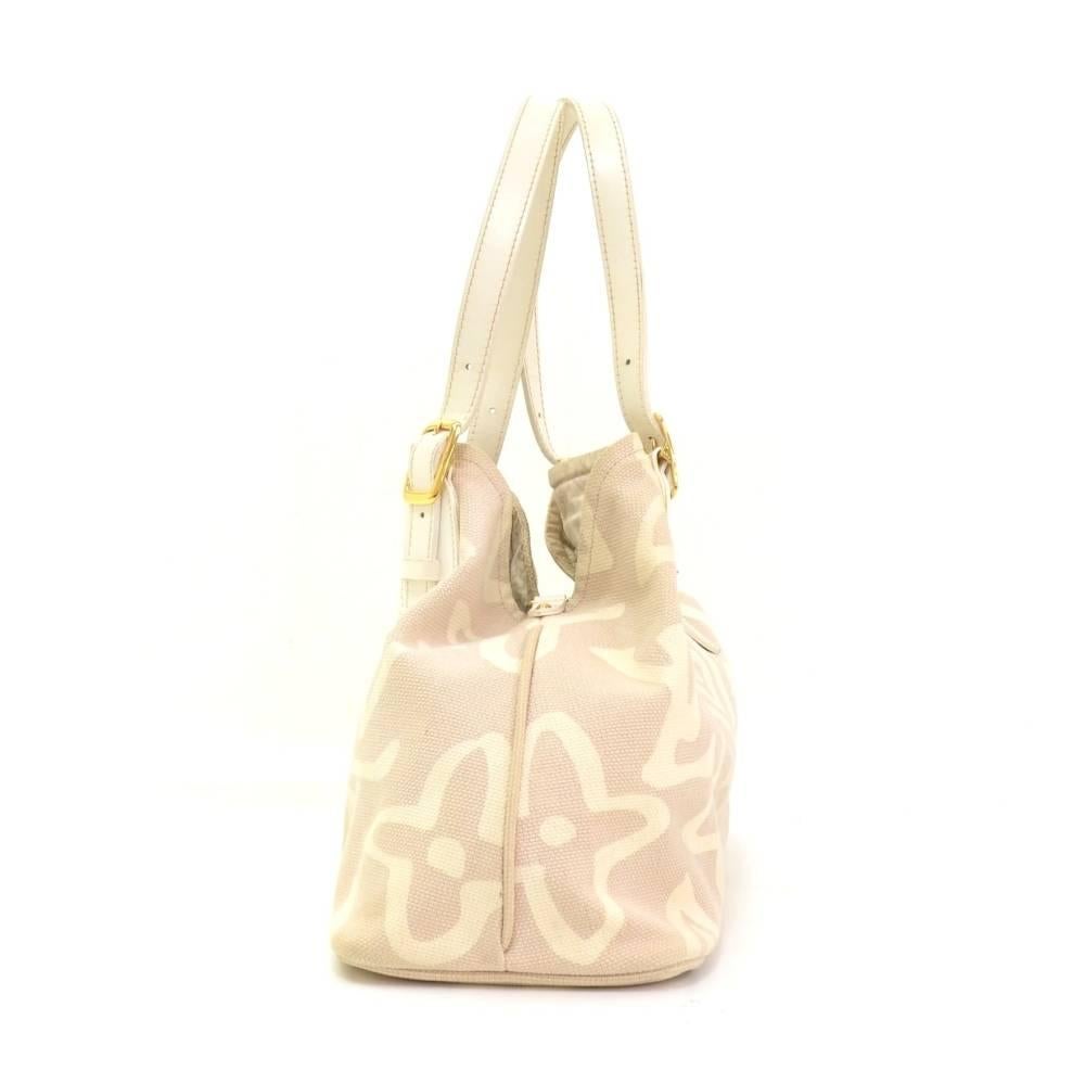 Women's Louis Vuitton Tahitienne Cabas White Leather x Baby Beige Canvas Tote Handbag For Sale