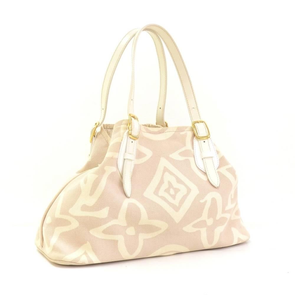 Louis Vuitton Tahitienne Cabas White Leather x Baby Beige Canvas Tote Handbag In Good Condition For Sale In Fukuoka, Kyushu