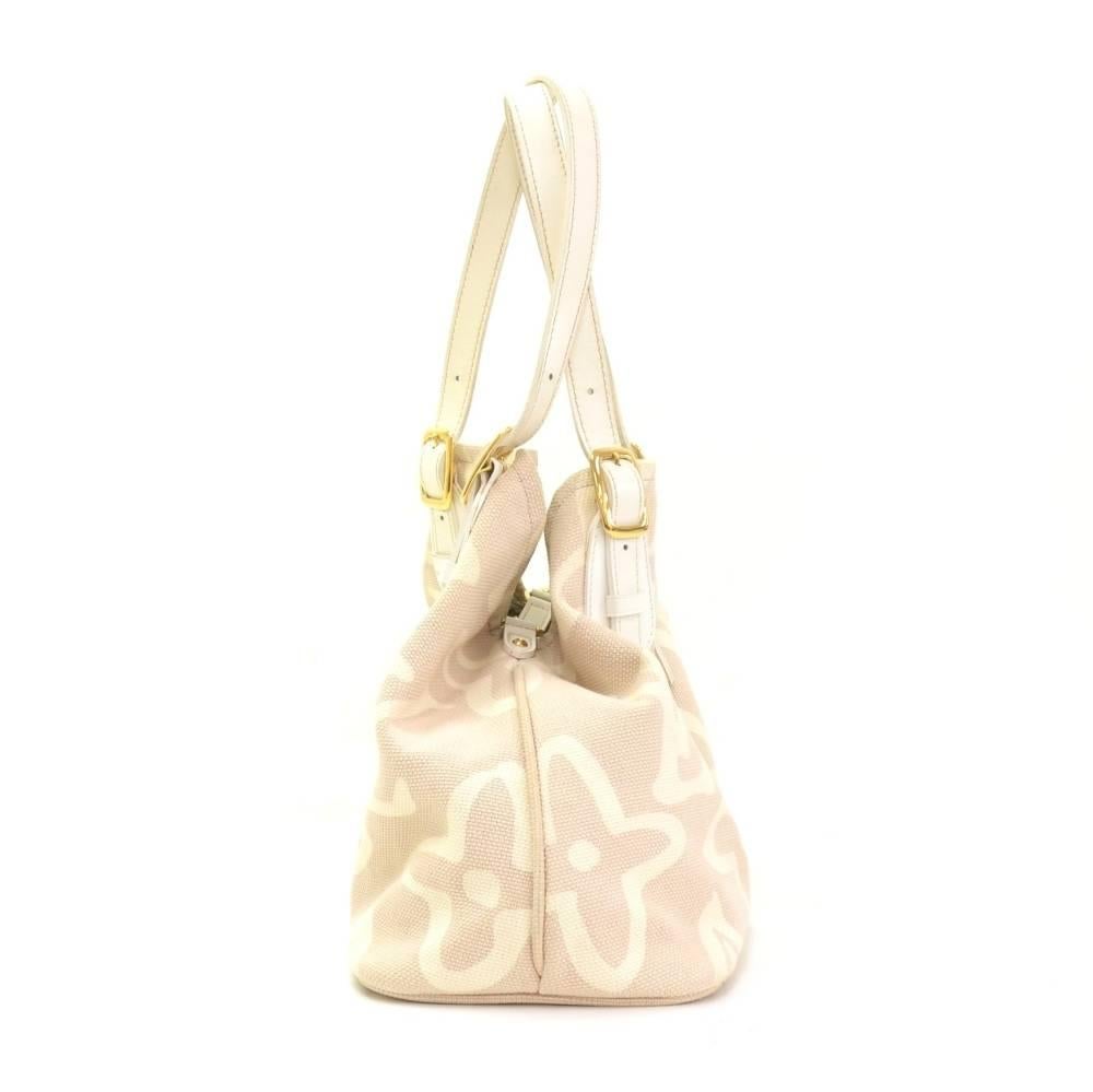 Louis Vuitton Tahitienne Cabas White Leather x Baby Beige Canvas Tote Handbag For Sale 1