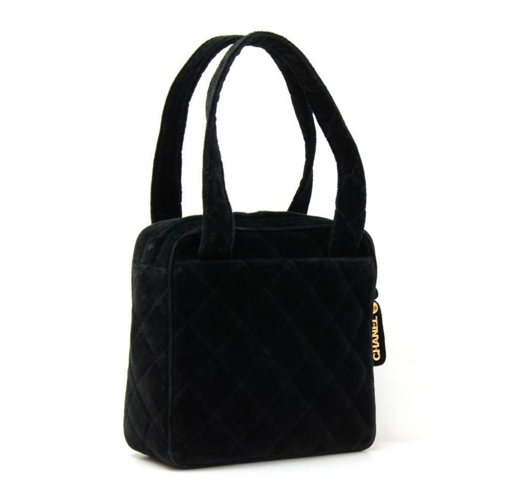 Chanel 8inch Black Quilted Velvet Leather Party Hand Bag In Excellent Condition In Fukuoka, Kyushu