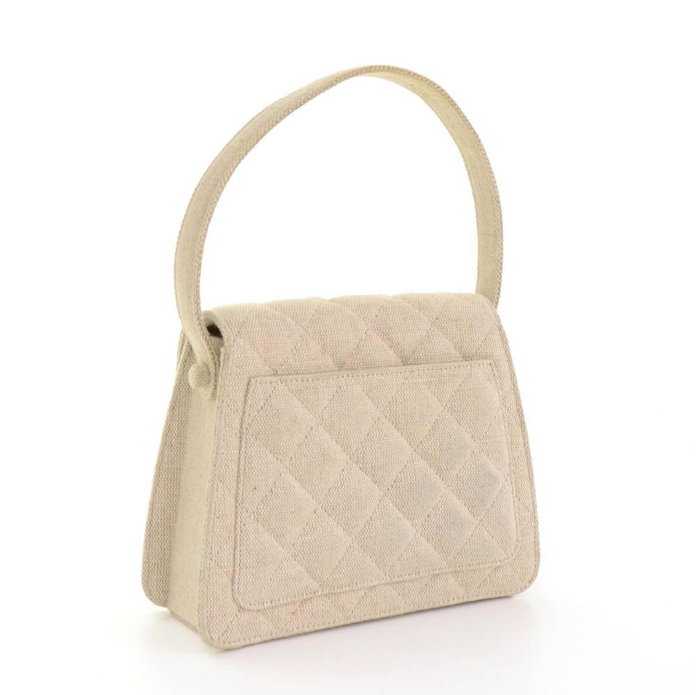 Chanel Beige Quilted Canvas Flap Hand Bag In Good Condition For Sale In Fukuoka, Kyushu